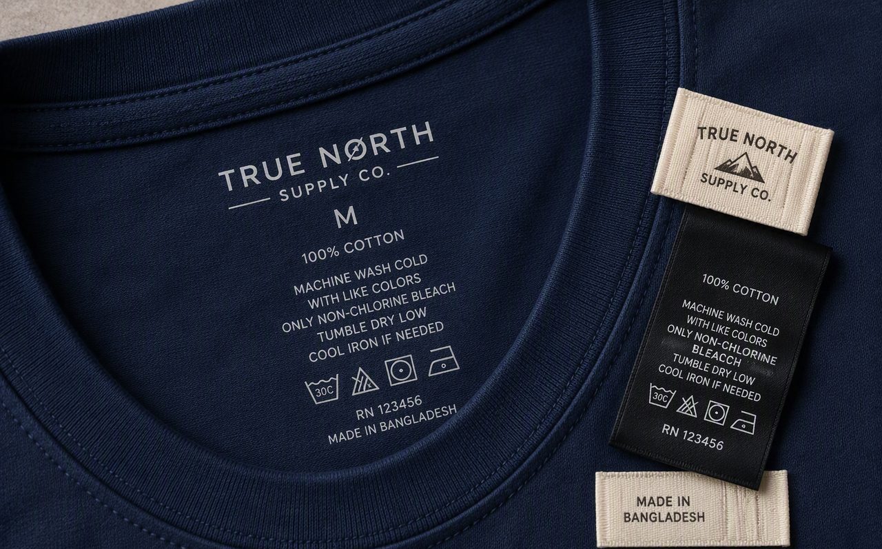 Tagless heat transfer label printed inside a navy T-shirt neckline