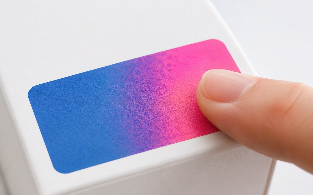 Thermochromic smart label changing colour from blue to pink at a fingertip touch